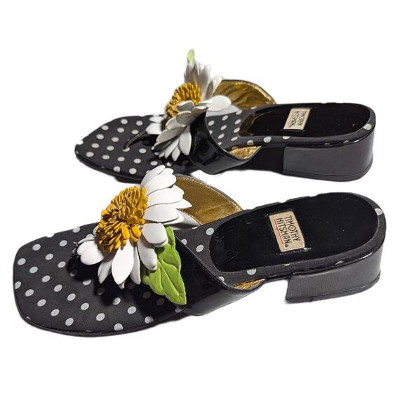 Vtg 1990s Timothy Hitsman Black White Leather Flower Toe Post Thong Sandals 7 - Picture 6 of 6